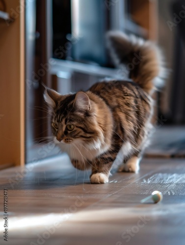 A cat chases a laser dot on the floor, its tail swaying