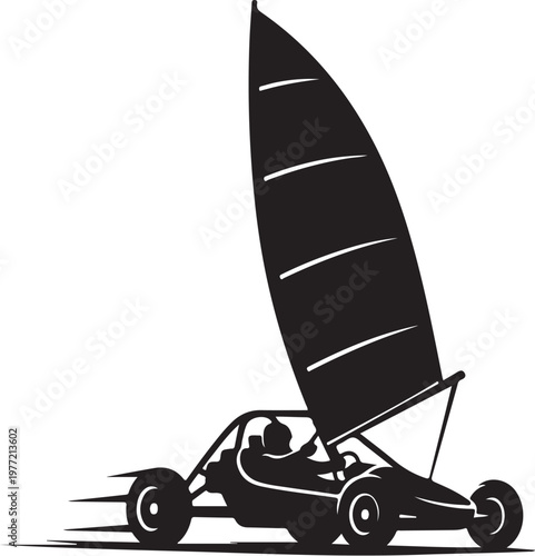 Black sail car, speedster vehicle, racing sailboat, silhouette illustration