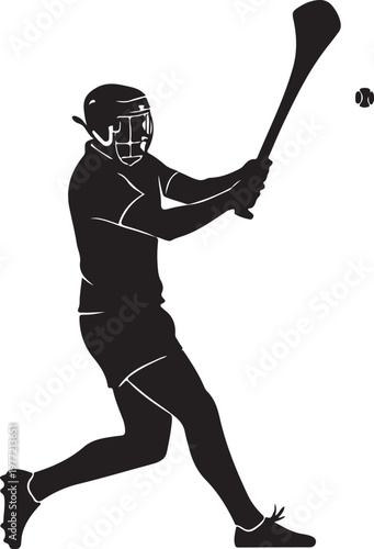 Black silhouette sports icon, athletic hurley player, hitting ball, Irish sport