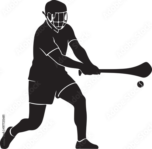 Black silhouette of a field hockey player, hitting ball with stick, sports icon
