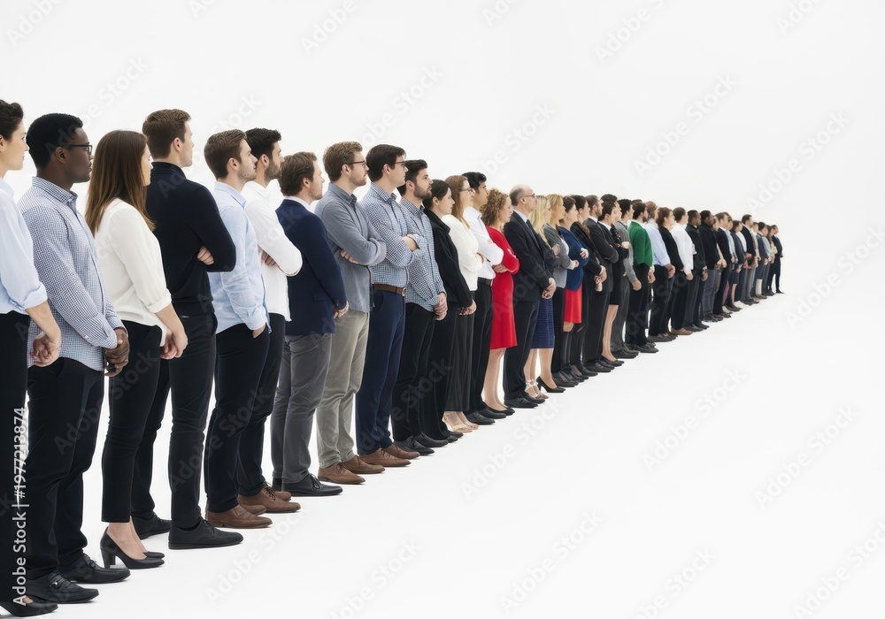 Obraz premium A long line of diverse business professionals standing in a queue isolated on white background