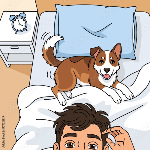 Dog wakes man in bed, morning alarm clock on nightstand, playful pet companion