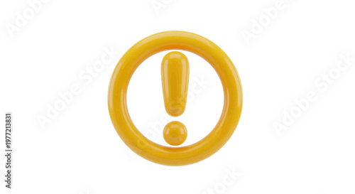 Vector illustration of 3d render of a yellow glossy exclamation mark icon inside a circle on a transparent background