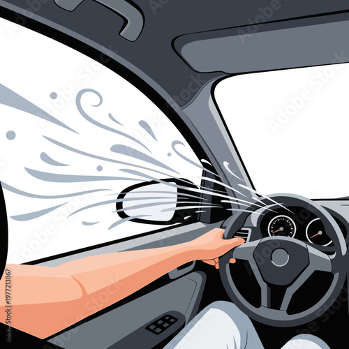 Driver's hand on steering wheel, wind and spray hitting car windshield