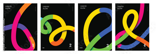 Set of abstract liquid flow posters with colorful 3d shapes