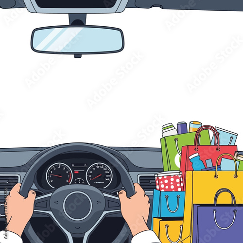 Driver's perspective, car interior, hands on steering wheel, overloaded with shopping bags