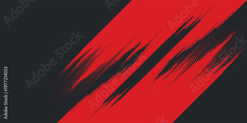 Red and Black Grunge Abstract Background with Diagonal Brush Strokes, Modern Halftone Dot Texture, Speed and Energy Design Backdrop for Sports Banner, Gaming, Cover, and Promotional Wallpaper.