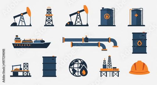 Oil Industry Elements - Pumps, Tanks, Pipelines, and Global Resources.