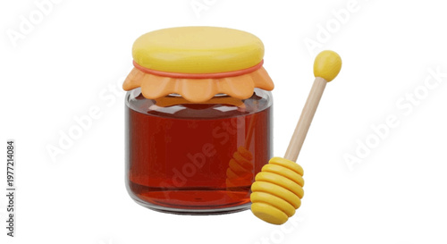 Vector illustration of honey jar with wooden dipper on a transparent background