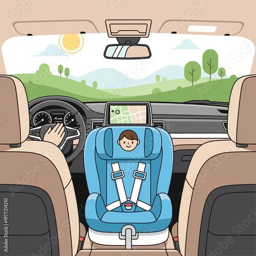 Family car trip, child in car seat, driving on sunny day, navigation on screen