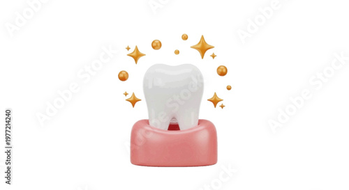 Vector illustration of 3d render of a clean white tooth in pink gums on a transparent background