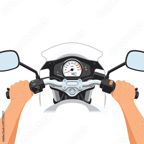 First Person View of Motorcycle Handlebars and Dashboard