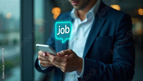 Professional man using his smartphone and a speech bubble hologram with 'Job' inside