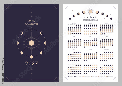 Pocket calendar of moon phase for 2027, lunar cycle planner template. Lunar phase calendar, astrological moon phases calendar banner, poster on dark night and white background vector illustration