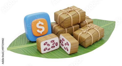 Vector illustration of 3d illustration of traditional indonesian tempeh wrapped in banana leaf on a transparent background