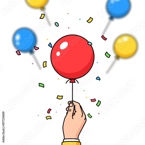 Hand holding a red balloon, confetti and other balloons, celebration theme