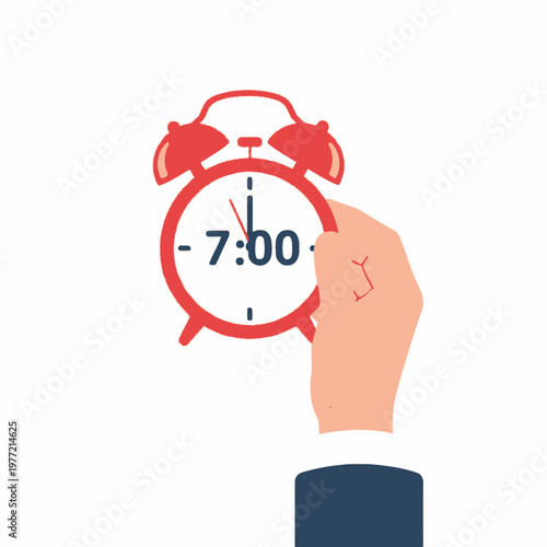 Hand holding alarm clock set to 7:00, morning wake up, time management concept
