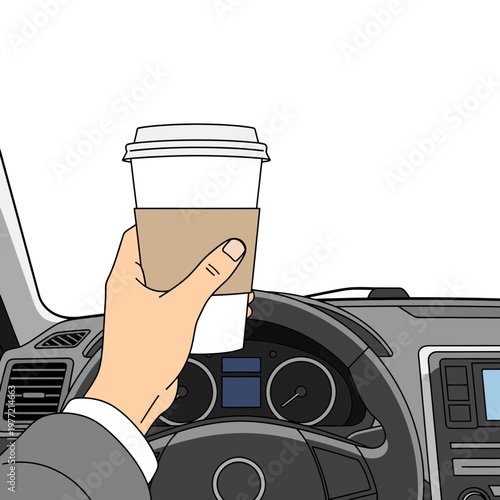 Hand holding coffee cup driving car interior dashboard steering wheel perspective