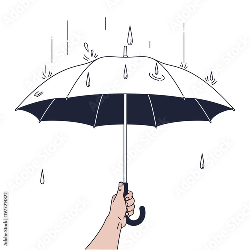 Hand holding open umbrella protecting from rain drops, simple line art illustration