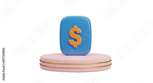 Vector illustration of 3d rendering of a blue dollar sign icon on a pink pedestal on a transparent background