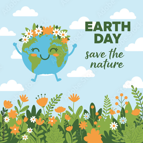 Earth Day Cartoon Character Save The Nature For Future Generations And Planet
