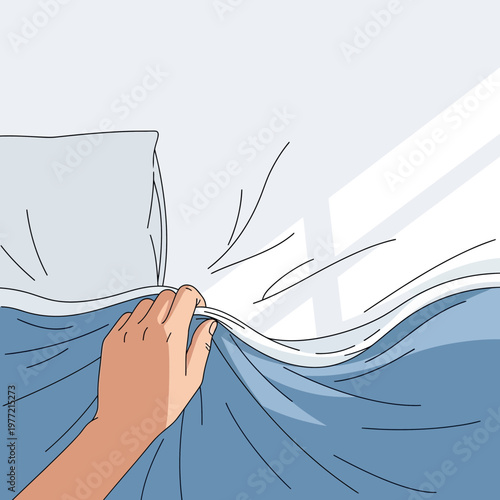 Hand pulling blue sheet, morning light, clean bed, concept of waking up