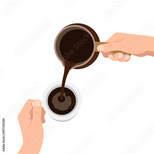 Hand pouring hot coffee into cup, top view, isolated on white background