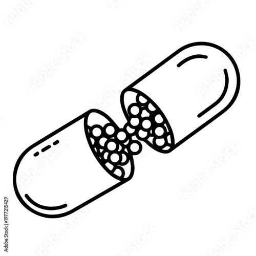 Hand-drawn doodle icon of an open medication capsule with granules