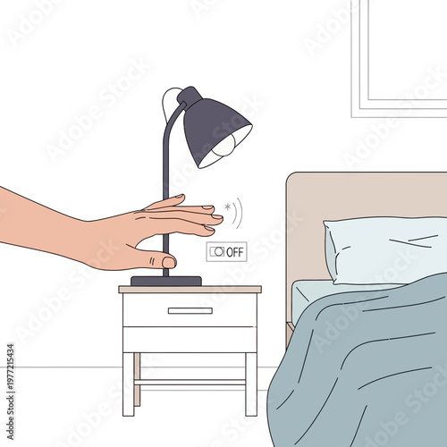 Hand turning off bedside lamp with touch sensor, modern bedroom convenience