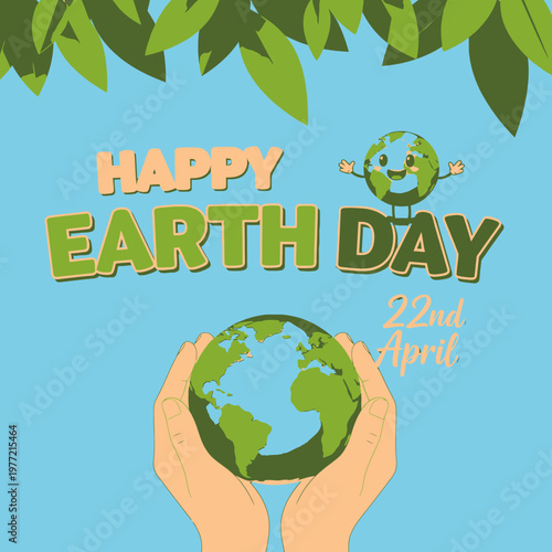 Happy Earth Day Celebration With Hands Holding Globe And Smiling Earth Character