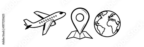 Travel and location icons illustration on black background