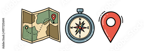 Travel and navigation elements illustration on black background