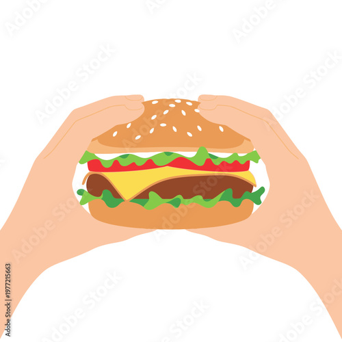 Hands Holding Delicious Hamburger with Cheese, Lettuce, Tomato on White Background