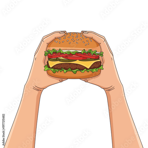 Fotografía Hands Holding Delicious Hamburger with Cheese, Lettuce, Tomato, Pickles on White