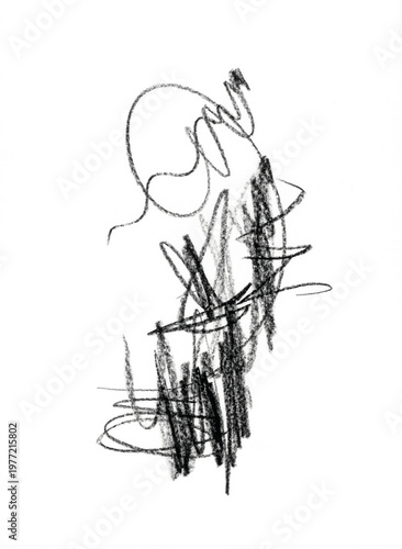 Dessin abstrait au crayon, composé de formes circulaires en noir et blanc.