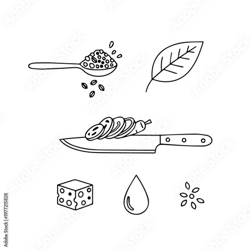 Culinary ingredients and kitchen tools illustration on a white background