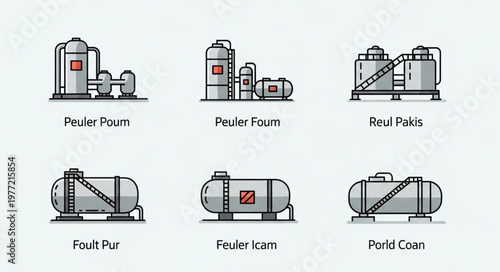 Industrial Plant Icons - Refinery Equipment and Storage Tanks.