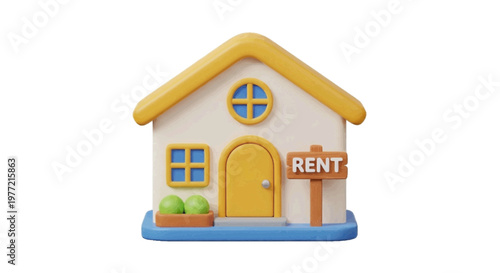 Vector illustration of 3d illustration of a cute small house with a rent sign on a transparent background