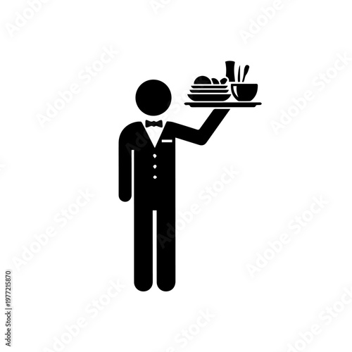 Modern pictogram of a dedicated waitperson carrying a tray with food and drinks, symbolizing efficient service and guest hospitality in a dining setting