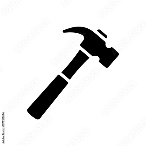 Black silhouette of a claw hammer tool icon for construction, carpentry, and repair work projects