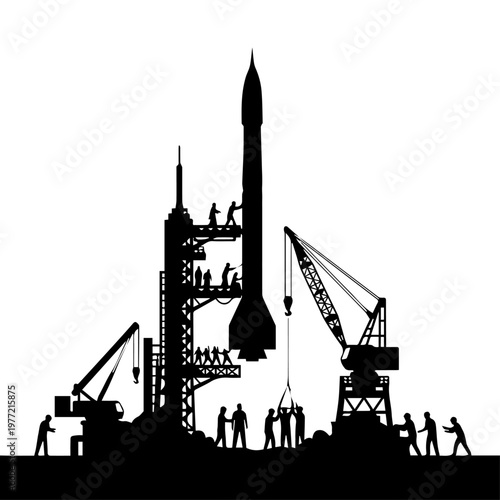 Silhouette illustration of a team of workers and engineers assembling a rocket on a launchpad
