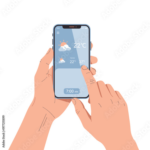 Hands holding smartphone showing weather forecast app, temperature 22C
