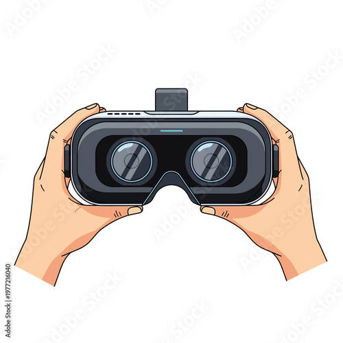 Hands holding VR headset, immersive virtual reality experience, futuristic technology