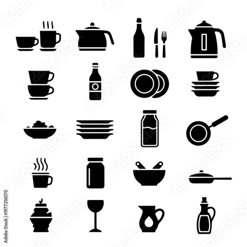 Collection of kitchenware and cooking utensils icons for culinary and food preparation