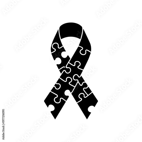 Black and white vector illustration of an awareness ribbon with a jigsaw puzzle piece pattern