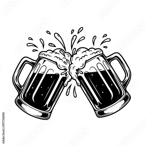 Vintage Beer Mugs Clinking Together in a Classic Toast, Symbolizing Friendship and Celebration