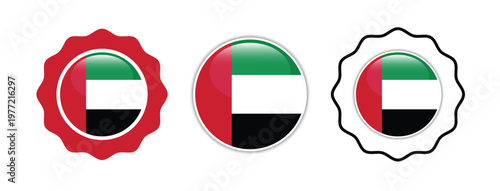 Glossy UAE flag circle badge icons set isolated on clean background. United Arab Emirates flag