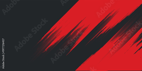Red and Black Grunge Abstract Background with Diagonal Brush Strokes, Modern Halftone Dot Texture, Speed and Energy Design Backdrop for Sports Banner, Gaming, Cover, and Promotional Wallpaper.