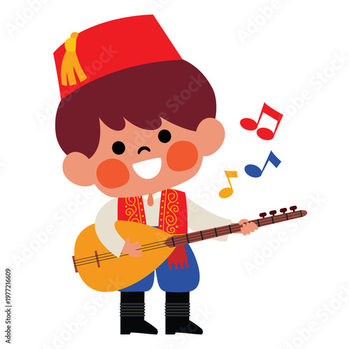 Cartoon Kid Playing Turkish Instrument