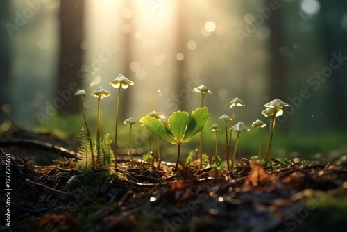 Mushrooms and green leaf growing on forest floor with morning light